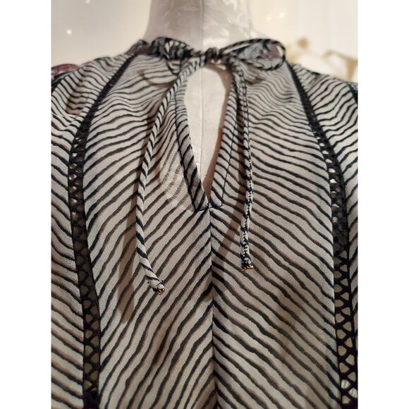 Lucky Brand Floral Sheer Stripe 3/4 Bell Sleeve Tie Peasant Blouse Size L Boho - Picture 5 of 9